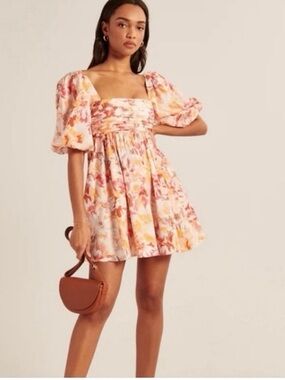 Abercrombie & Fitch Pink and Cream Floral Puff-Sleeve Mini Dress